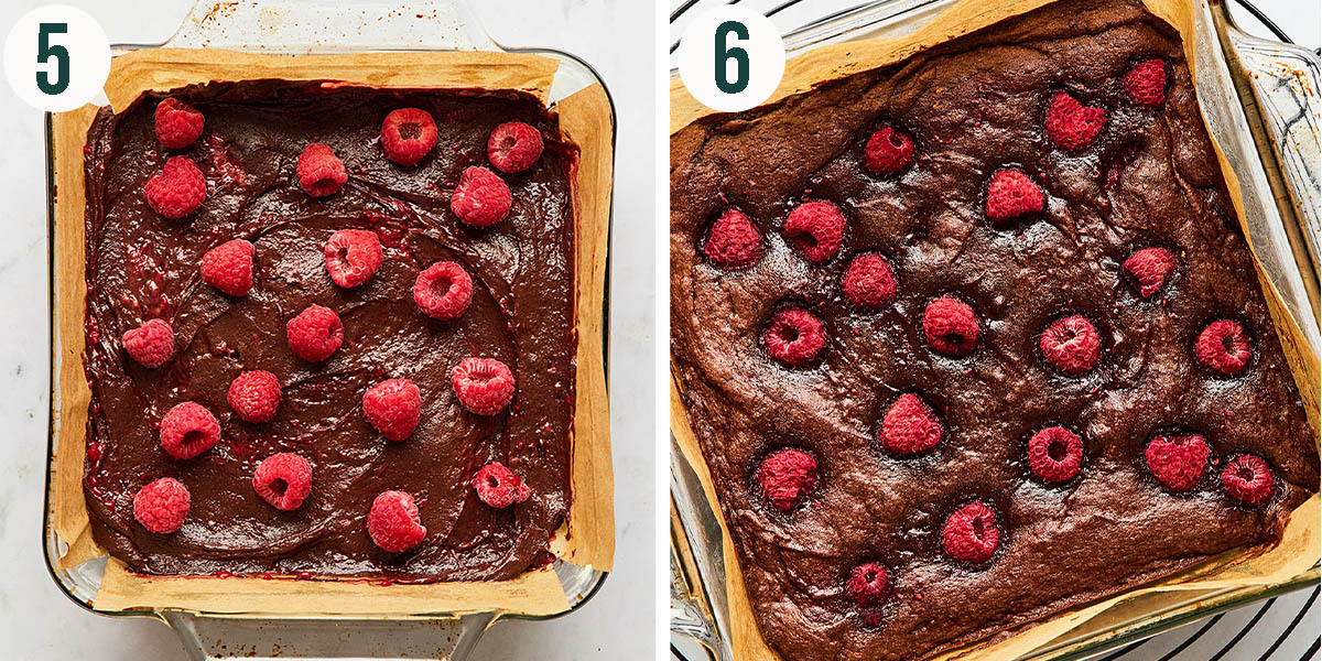 Raspberry brownies steps 5 and 6, before and after baking.