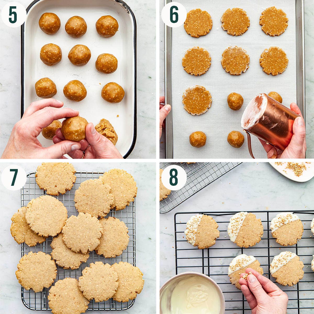 Sesame cookies steps 5 to 8, rolling and pressing the dough, baked cookies, and decorating.