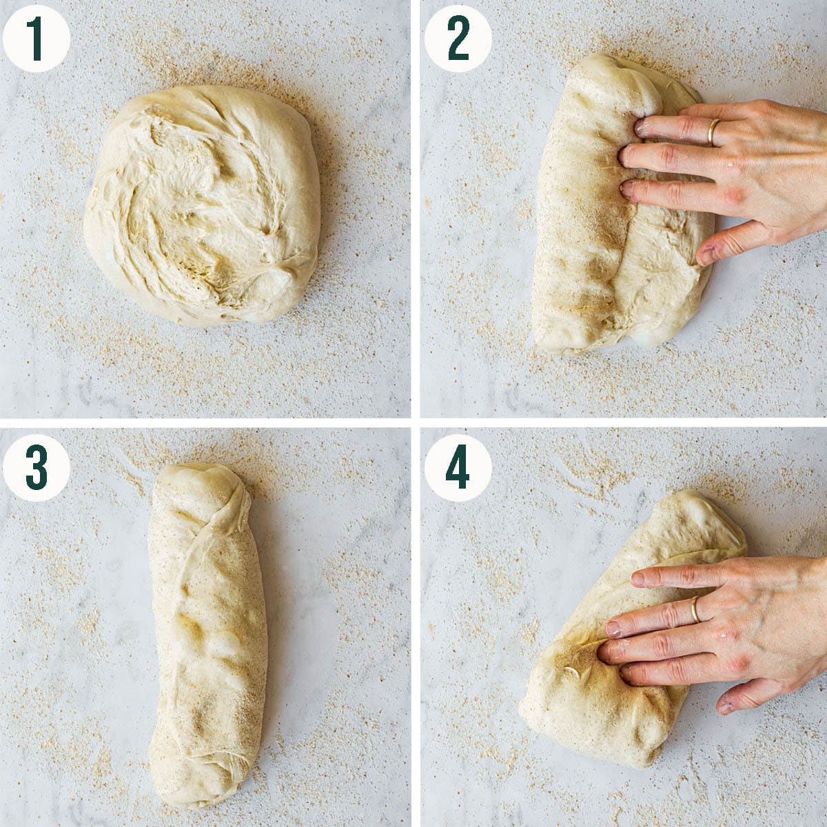 Shaping dough steps 1 to 4, rolling it up into a spiral.