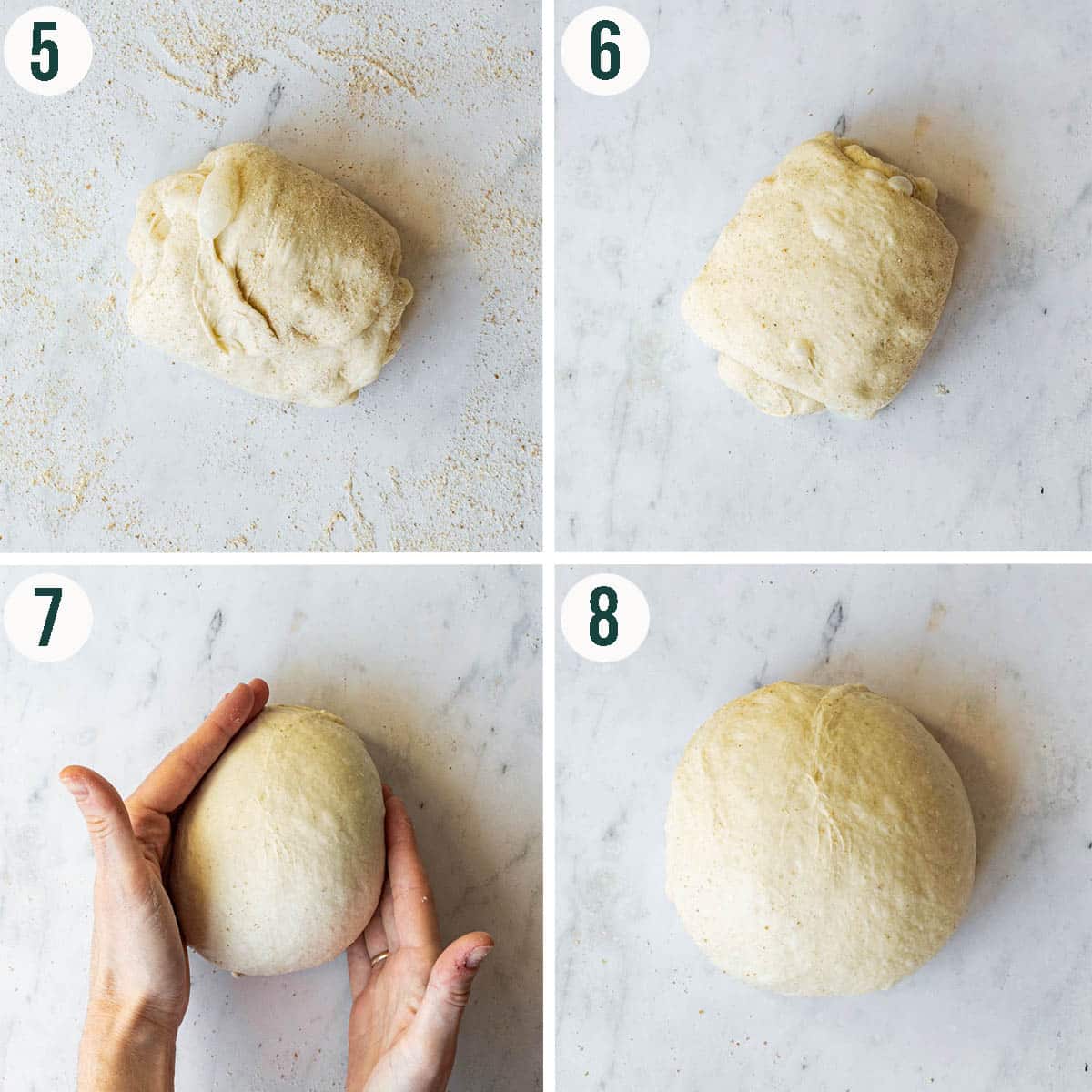 Shaping a boule steps 5 to 8, rotating the dough to create surface tension.