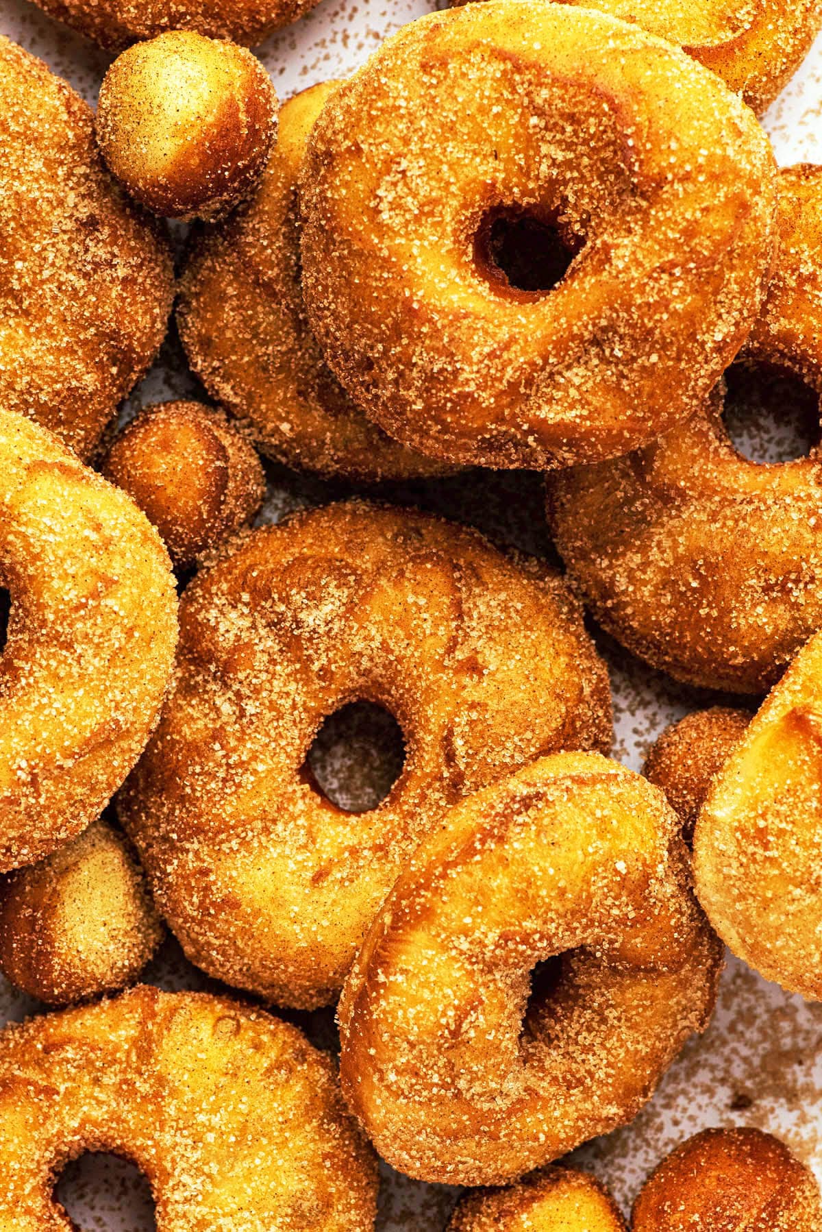 Close up of several cinnamon sugar donuts and donut holes.