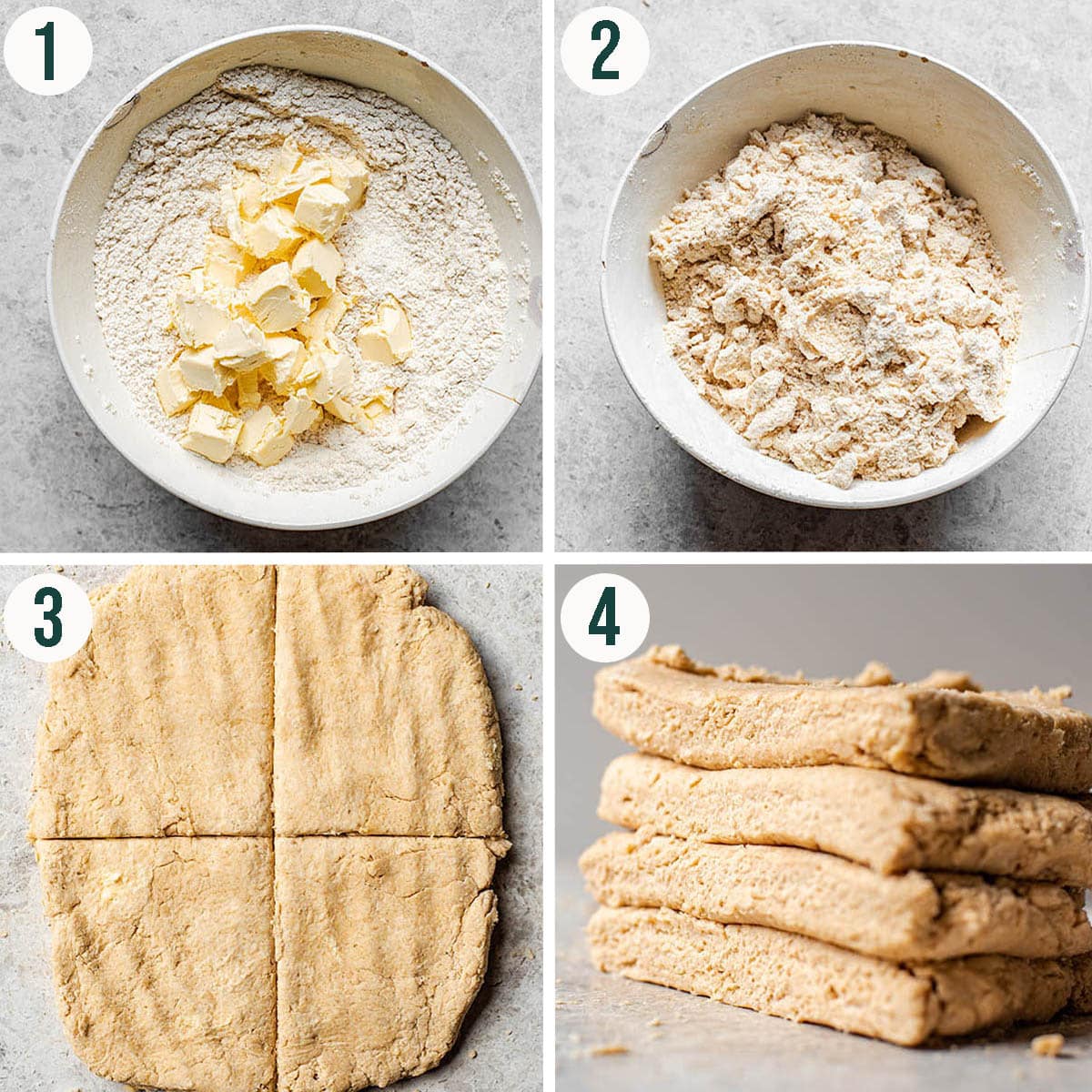 Biscuits steps 1 to 4, mixing the dough and rolling it out to layer the dough.