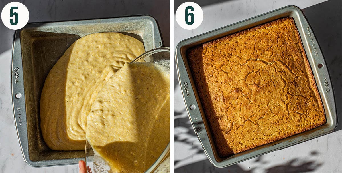 Cornbread steps 5 and 6, before and after baking in a square tin.