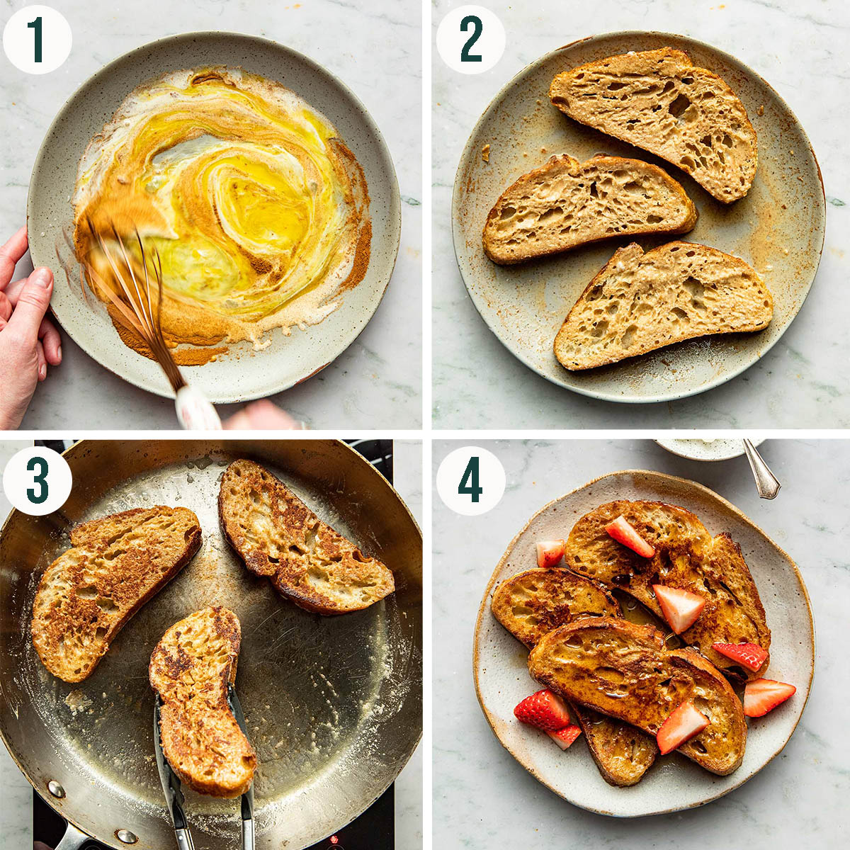 French toast steps 1 to 4, mixing custard, before and after cooking, topped with syrup.