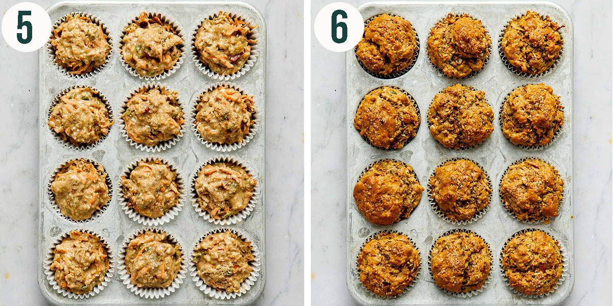 Apple carrot muffins before and after baking.