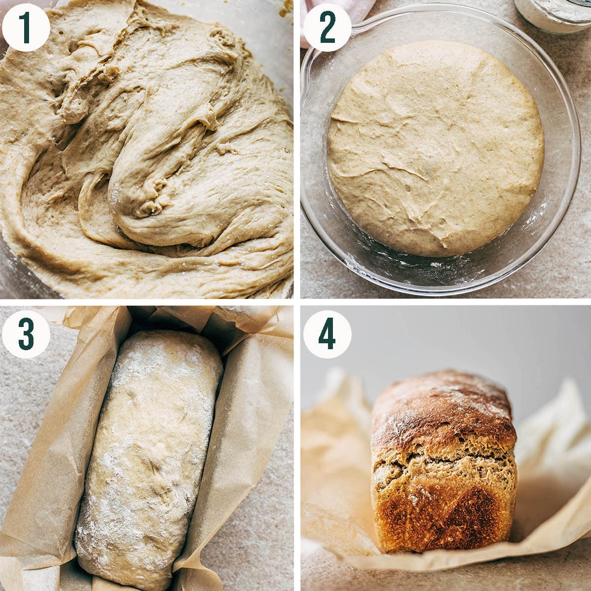 Sourdough loaf bread steps 1 to 4, mixed dough, after rising, before baking, and after baking.
