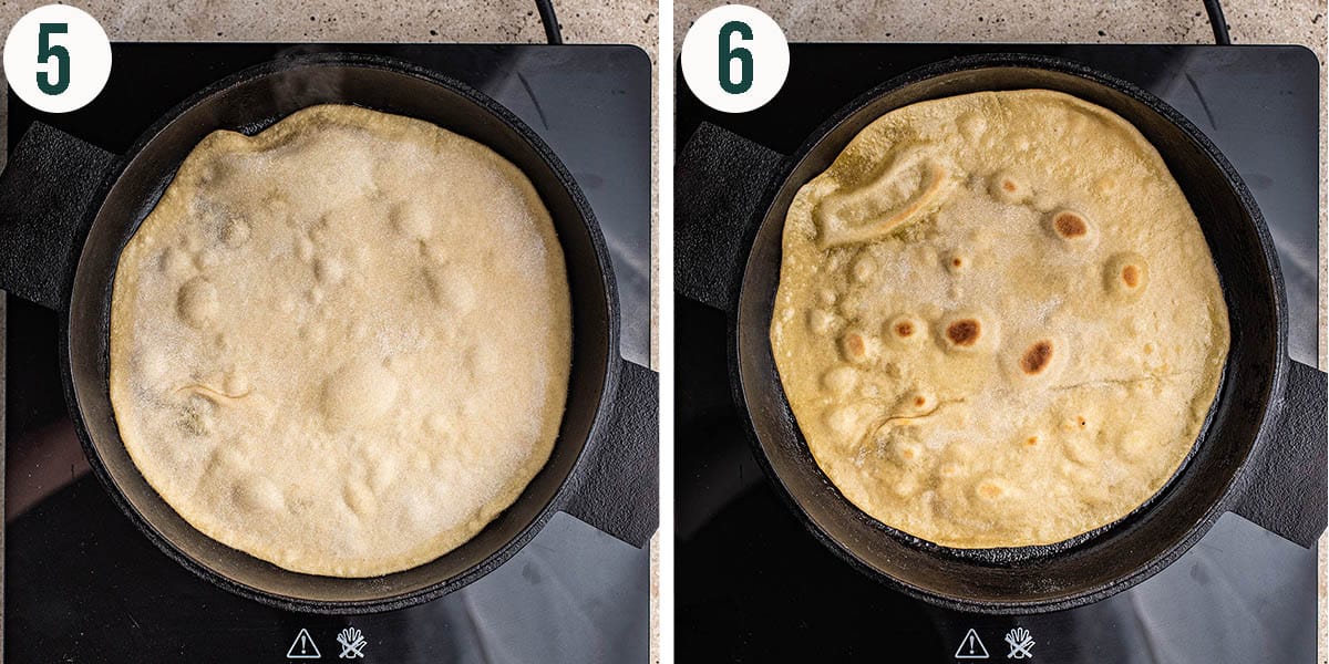 Tortillas steps 5 and 6, before and after cooking.