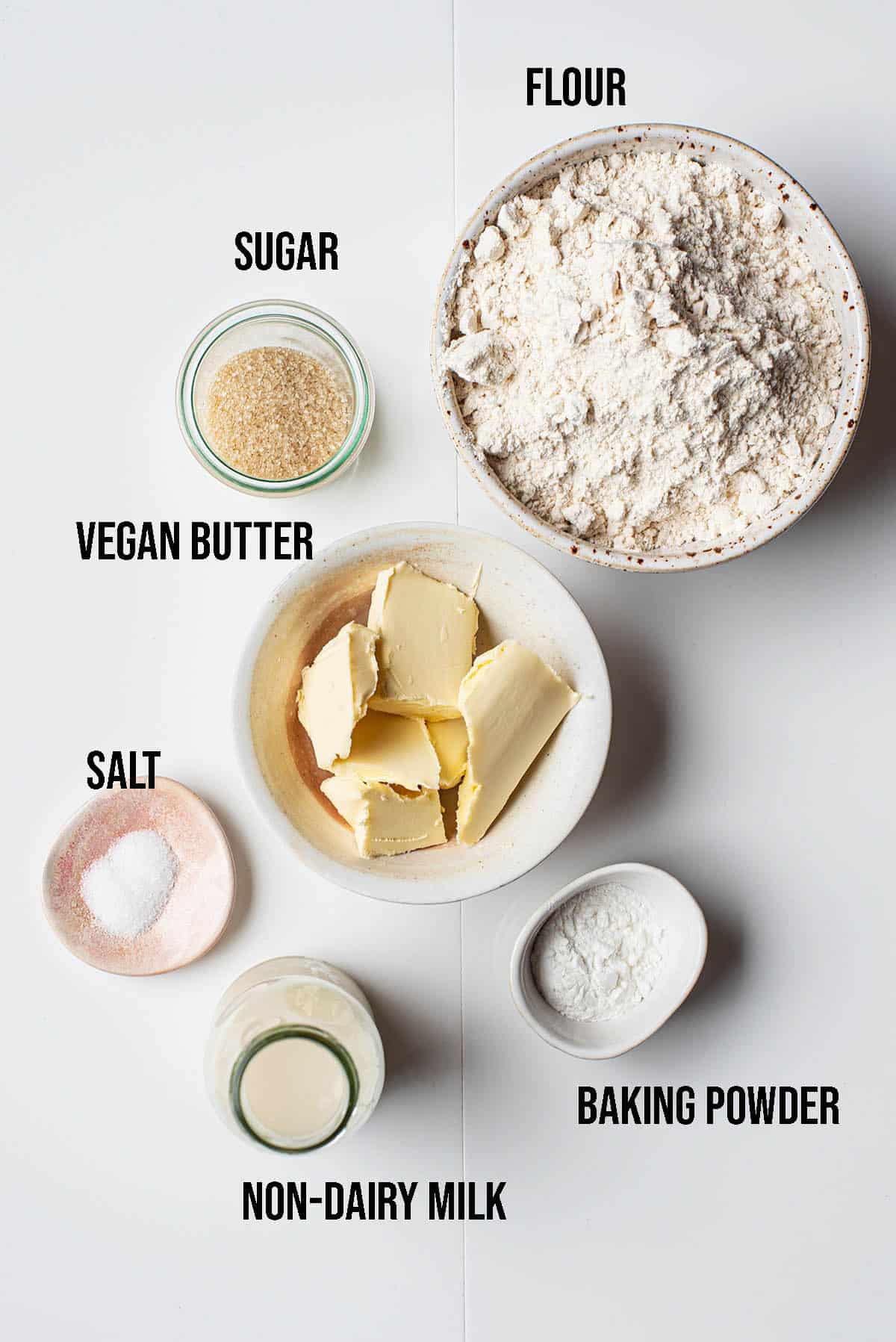 Vegan scone ingredients with labels.