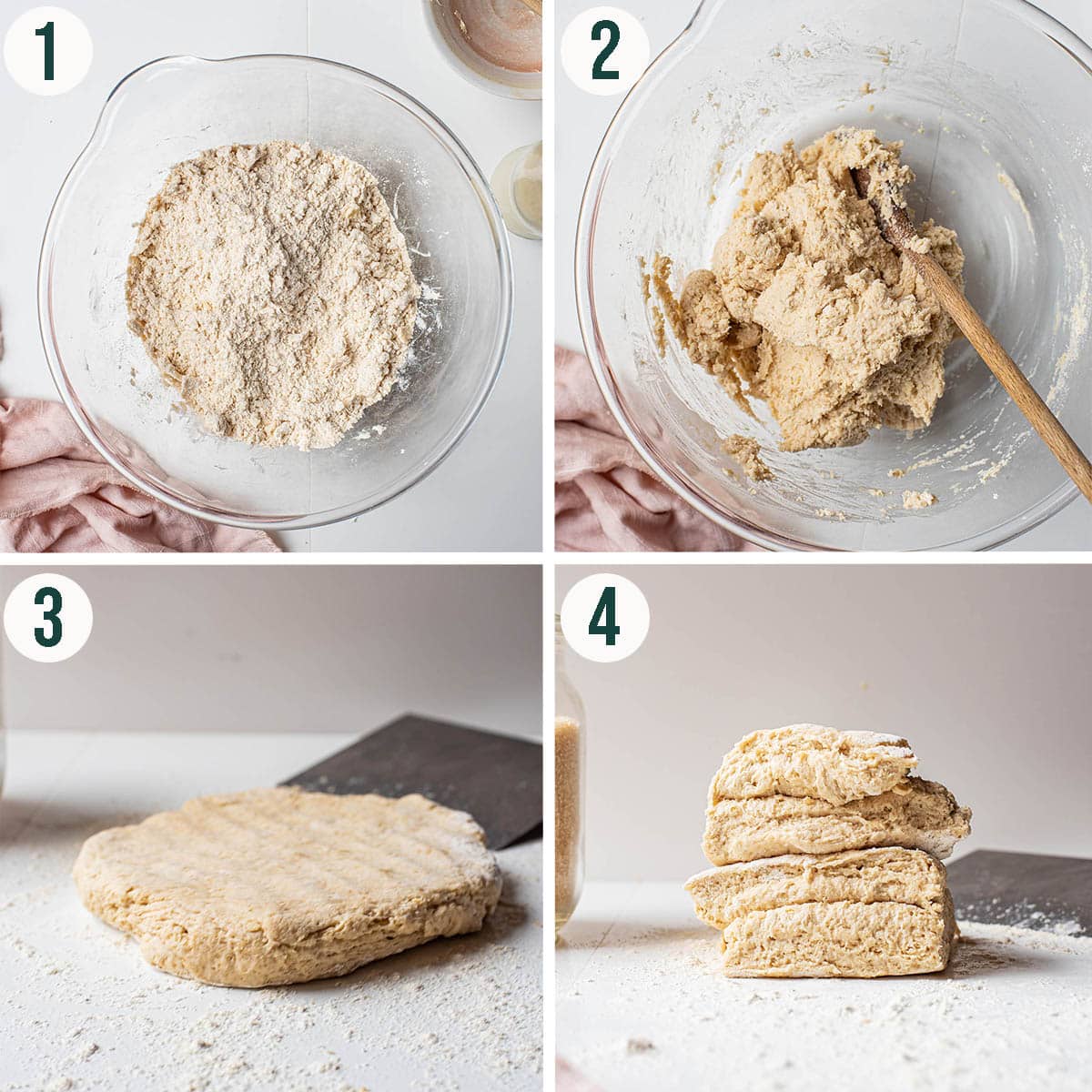 Scones steps 1 to 4, mixing the dough and rolling it out.