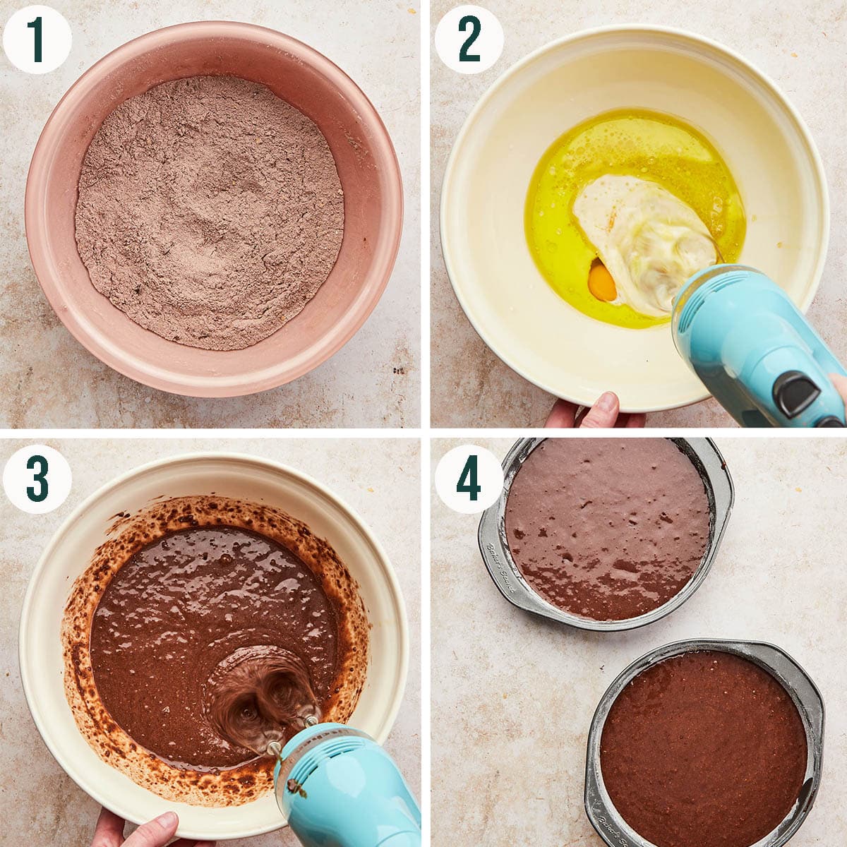 Chocolate cake steps 1 to 4, making the batter.