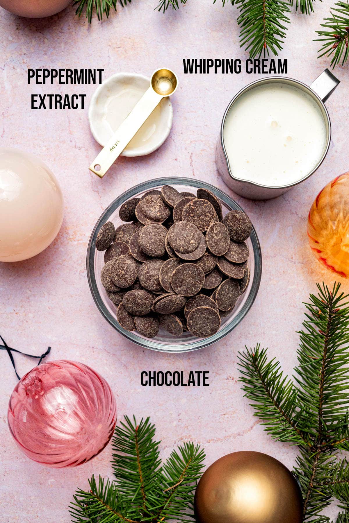 Mint chocolate truffle ingredients with labels.