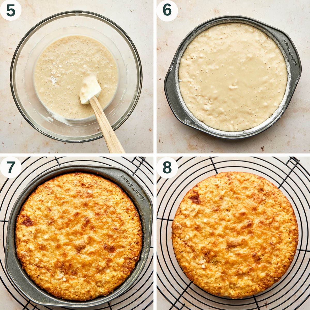 Vanilla cake steps 1 to 4, finished batter and before and after baking.