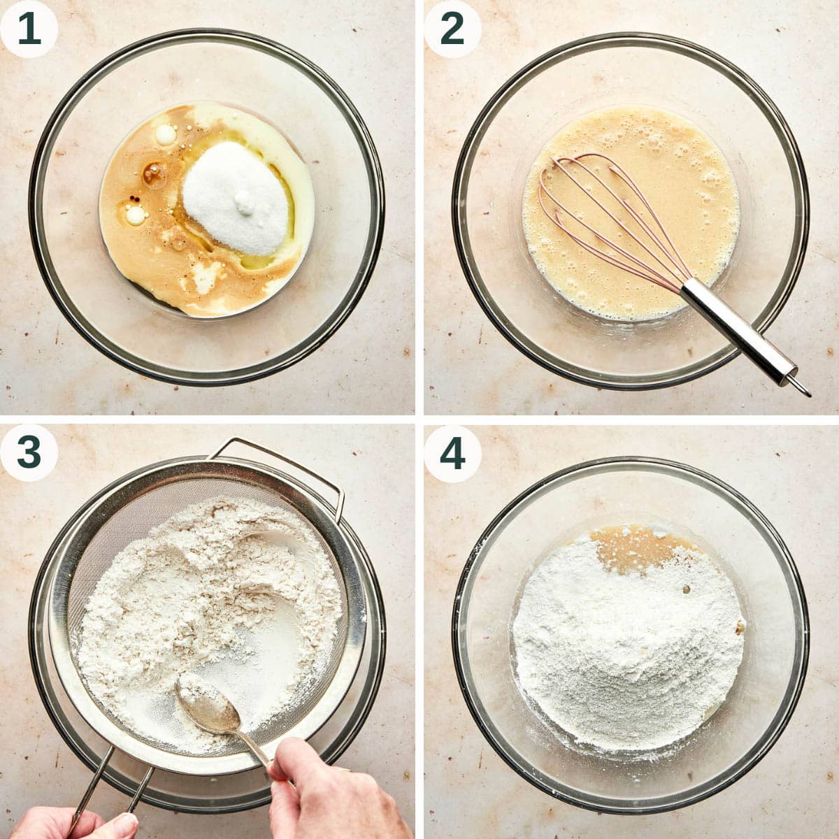 Vanilla cake steps 1 to 4, mixing wet ingredients and adding dry.