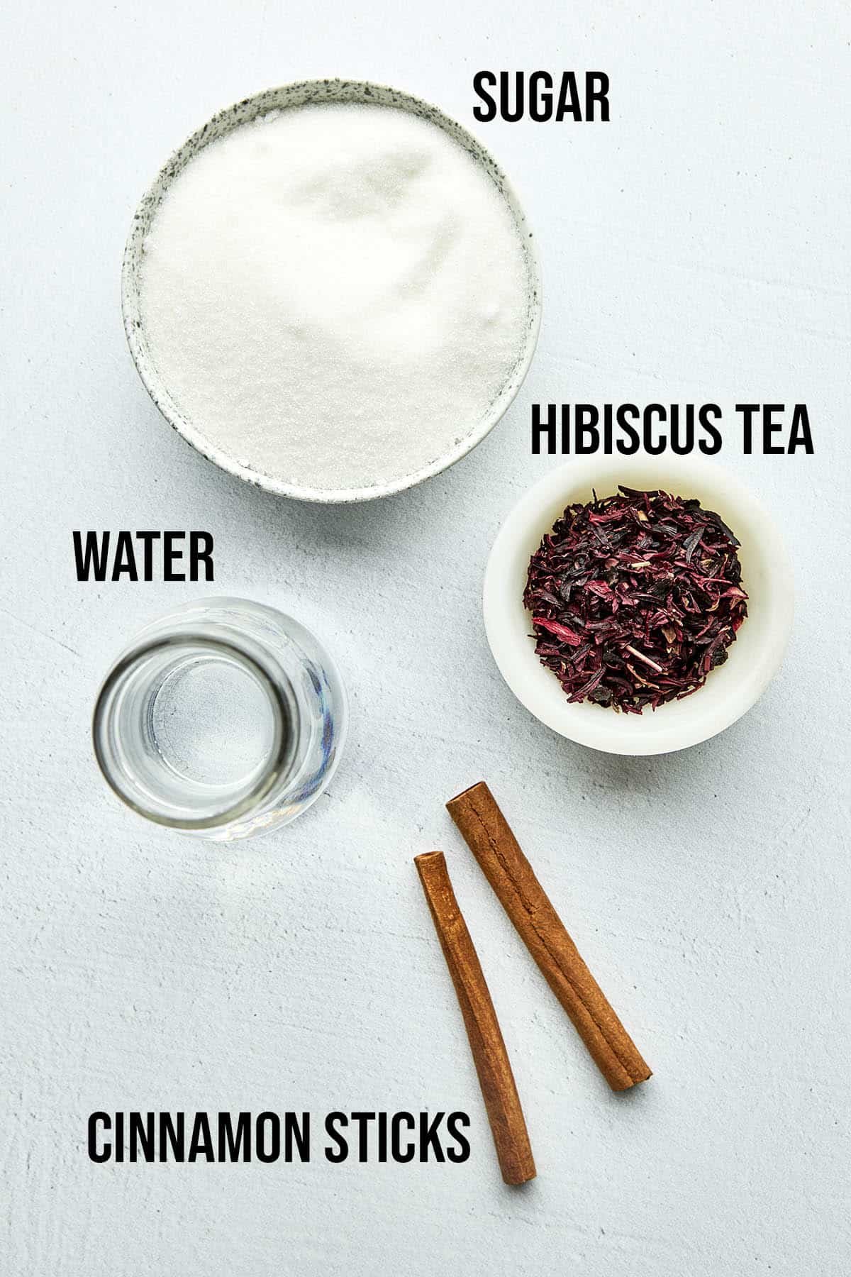 Hibiscus syrup ingredients with labels.