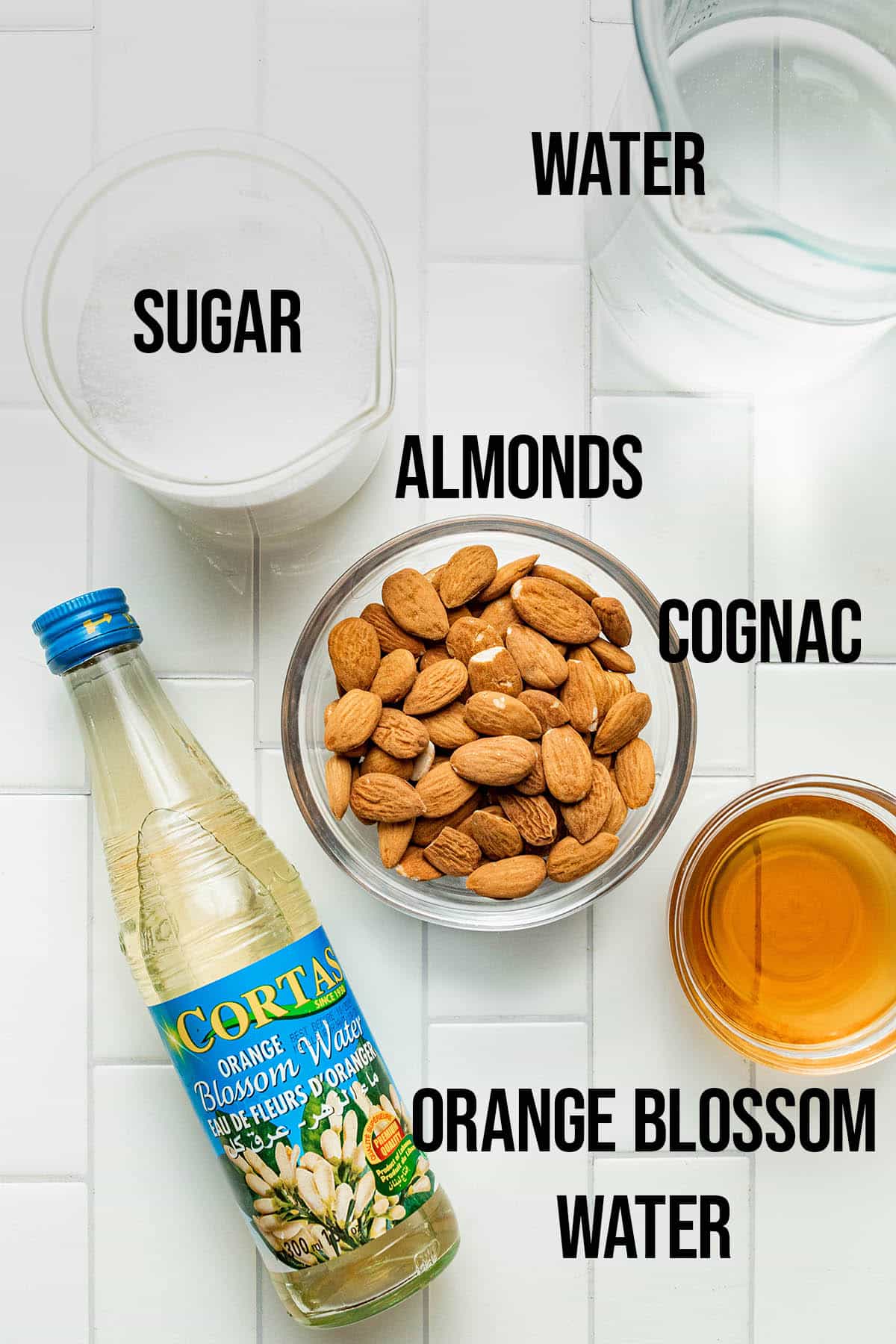Orgeat syrup ingredients with labels.