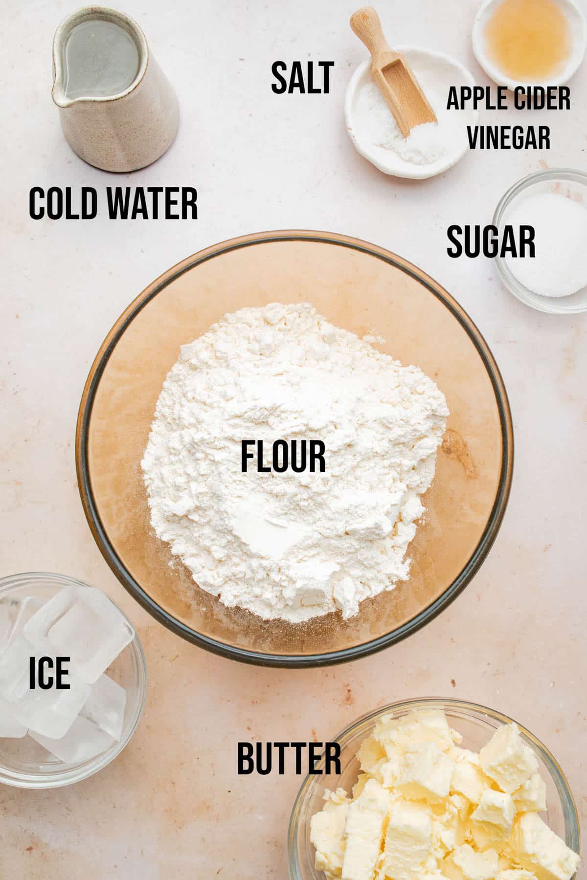 Pie crust ingredients with labels.