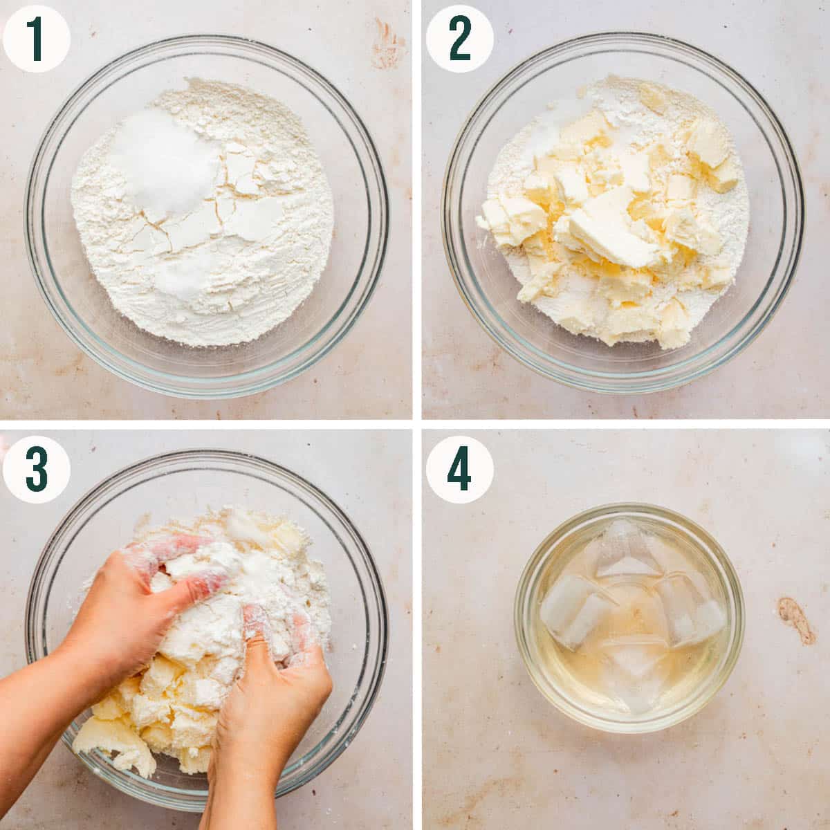 Pastry steps 1 to 4, mixing the dry ingredients, mixing in the butter, and making ice water.