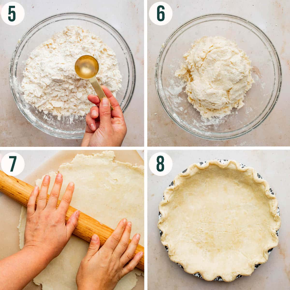 Pie dough steps 5 to 8, mixing in the water, rolling out the dough, and finished crust in a tin.