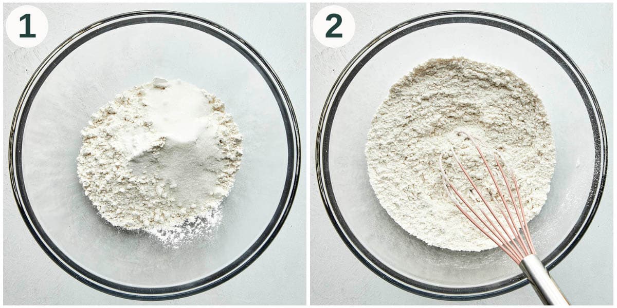 Steps 1 and 2, mixing dry ingredients in a bowl.