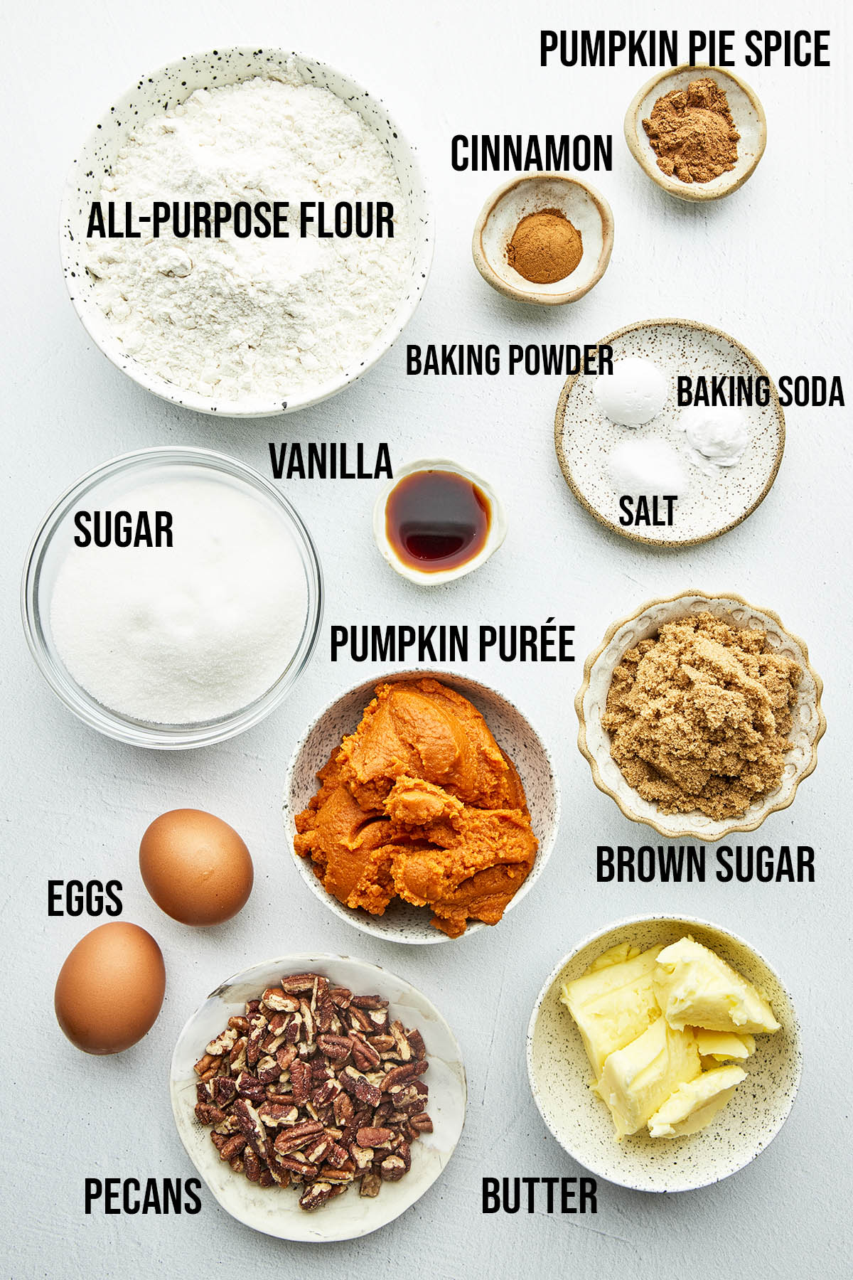 Pumpkin coffee cake ingredients with labels.