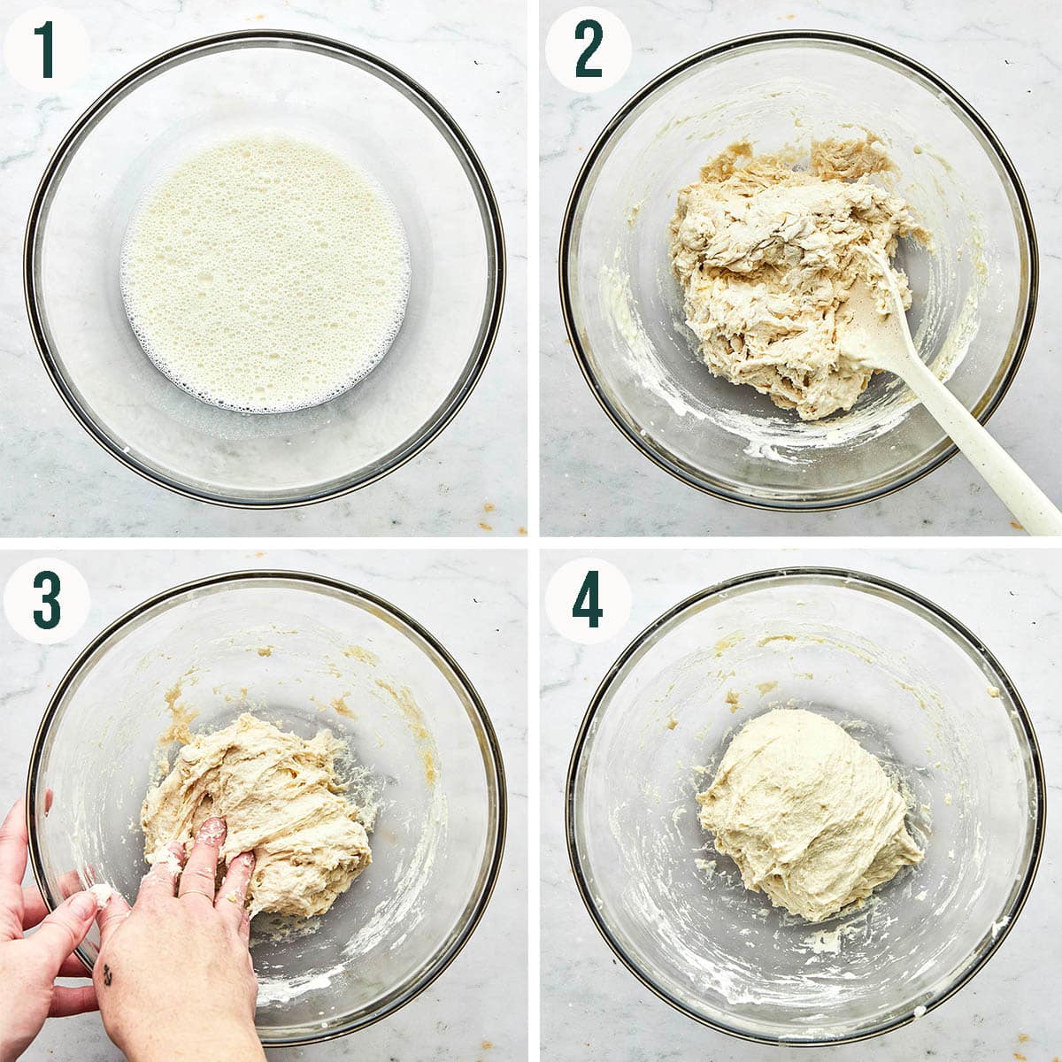 Naan dough steps 1 to 2, mixing the dough and doing stretches and folds.