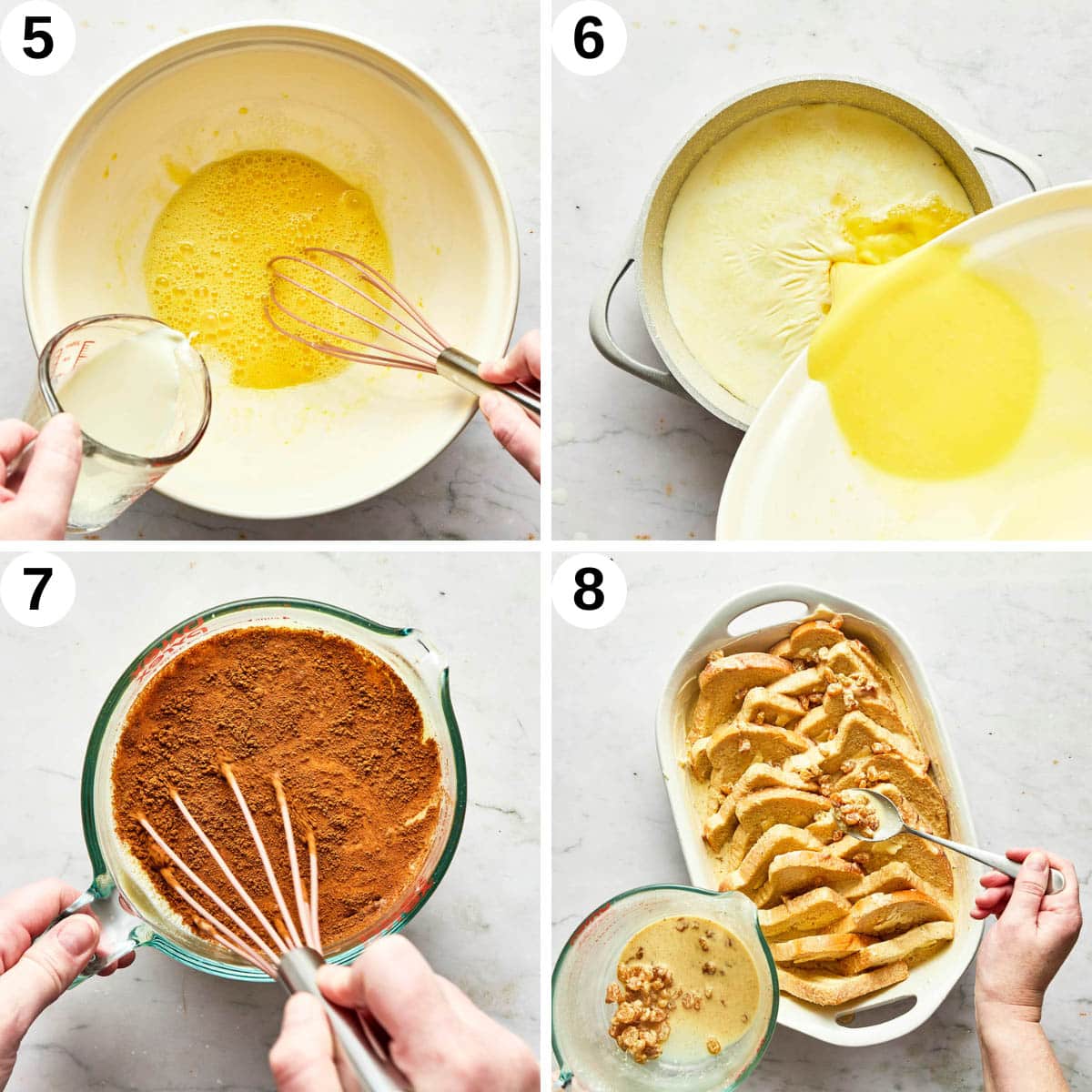 Pudding steps 5 to 8, mixing the custard and topping the bread.