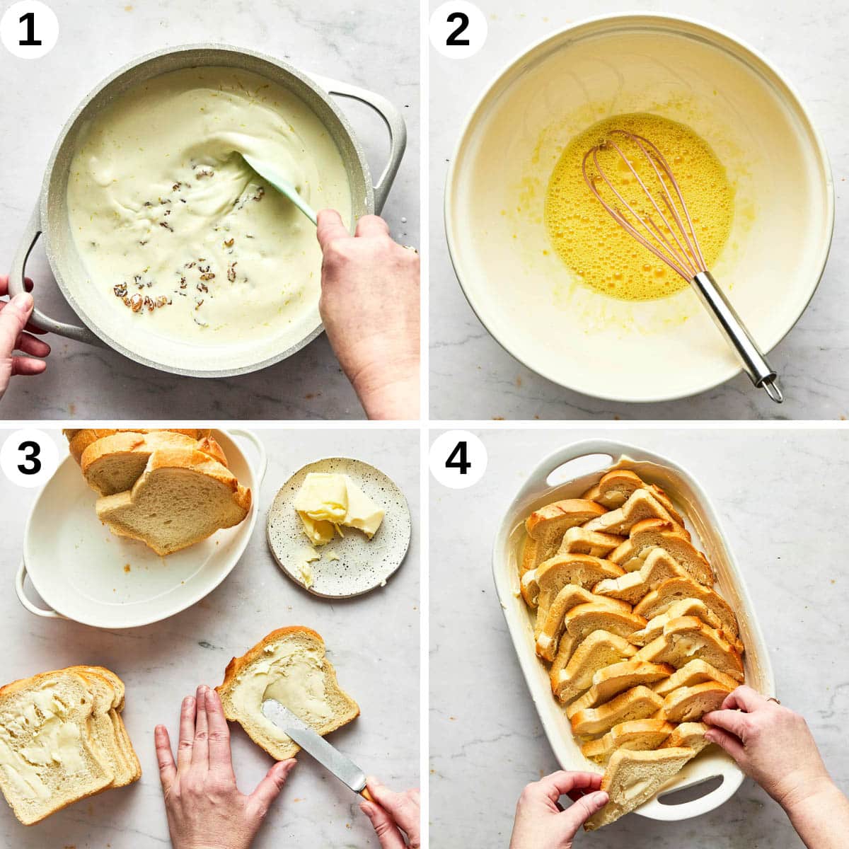 Pudding steps 1 to 4, mixing the cream, whisking the eggs, and buttering the bread for the dish.