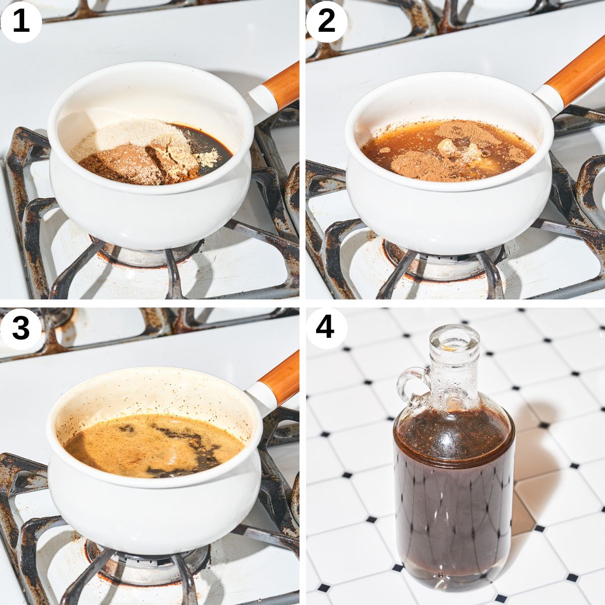 Spiced syrup steps 1 to 4, adding ingredients, before and after cooking, and in a bottle.