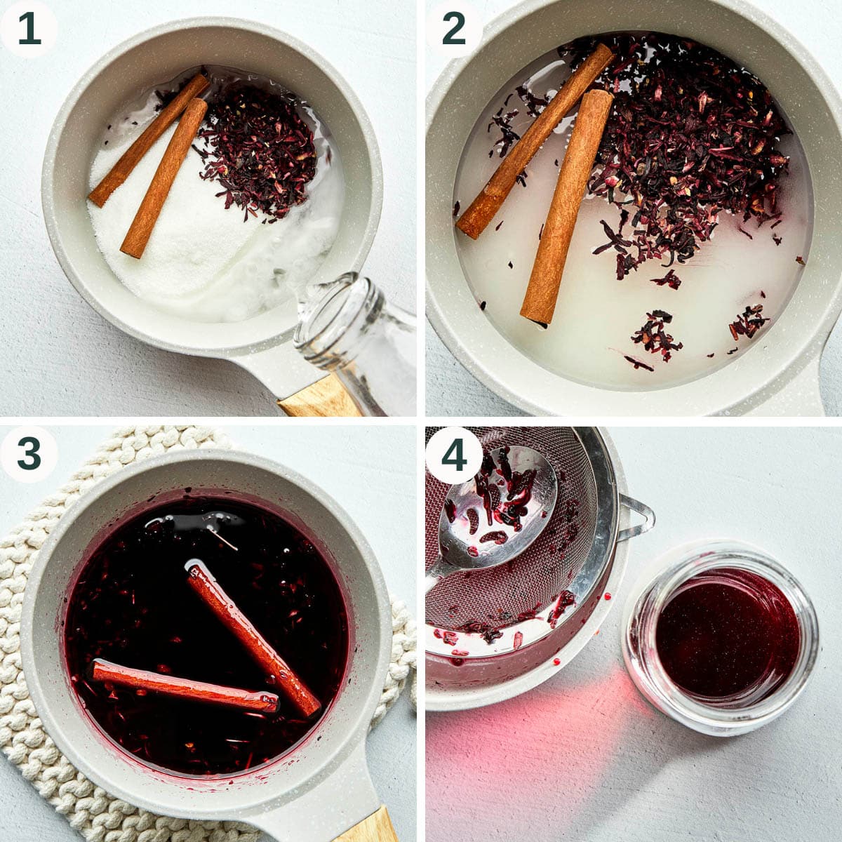 Hibiscus cinnamon syrup steps 1 to 4, adding ingredients and before and after cooking.