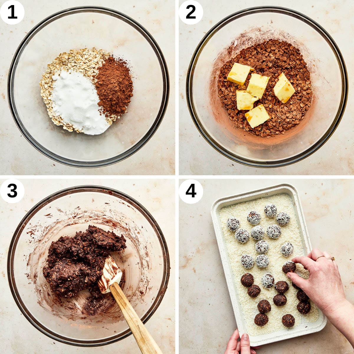 Steps 1 to 4, mixing the dry ingredients, mixing in butter, and coating the balls in coconut.