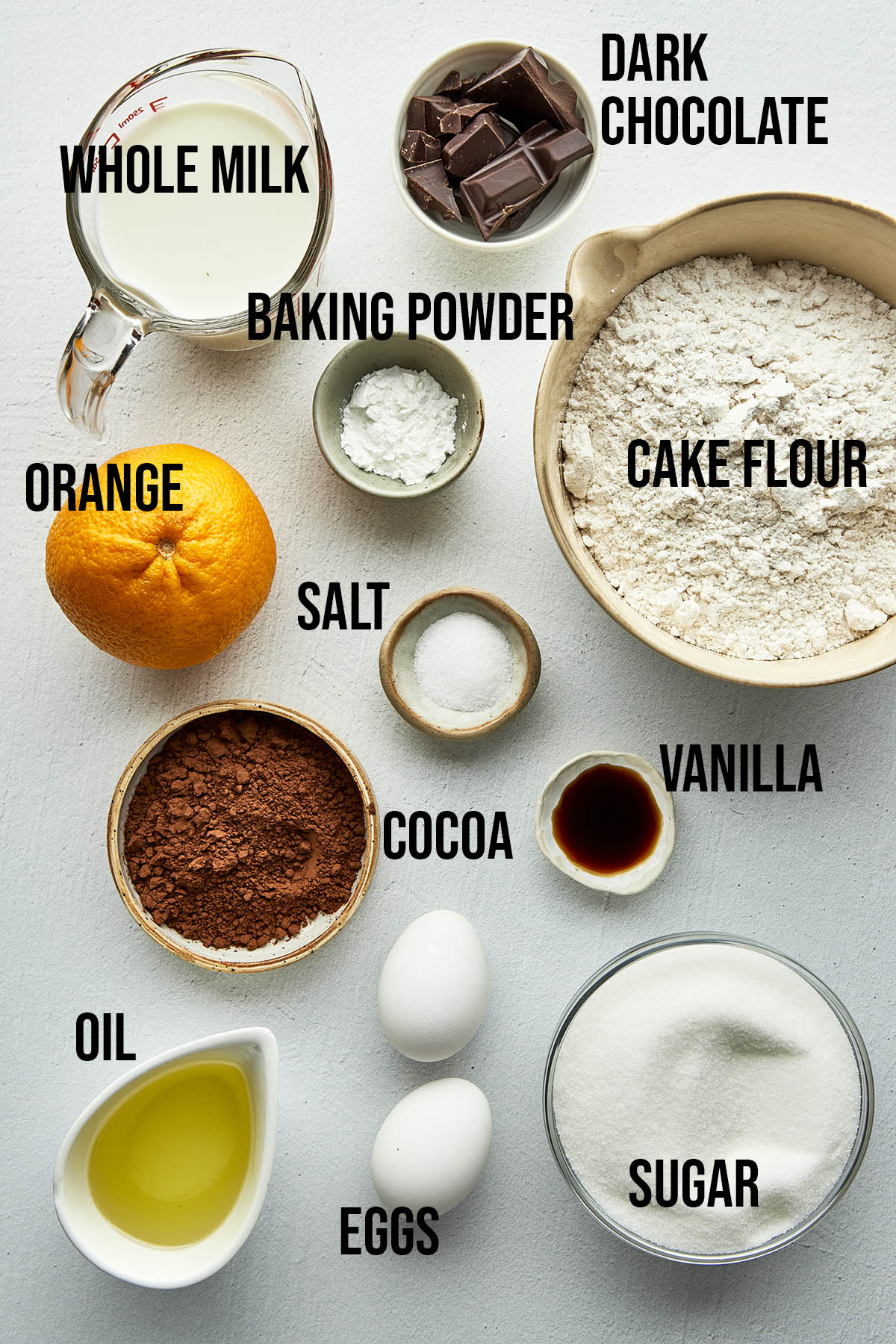 Chocolate orange cake ingredients with labels.