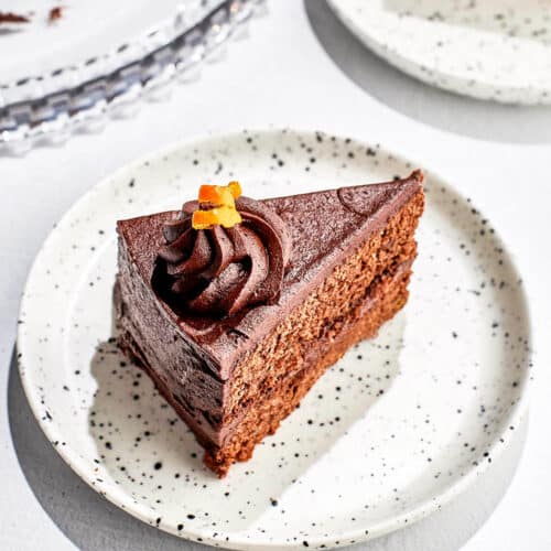 A slice of chocolate layer cake topped with orange peel.