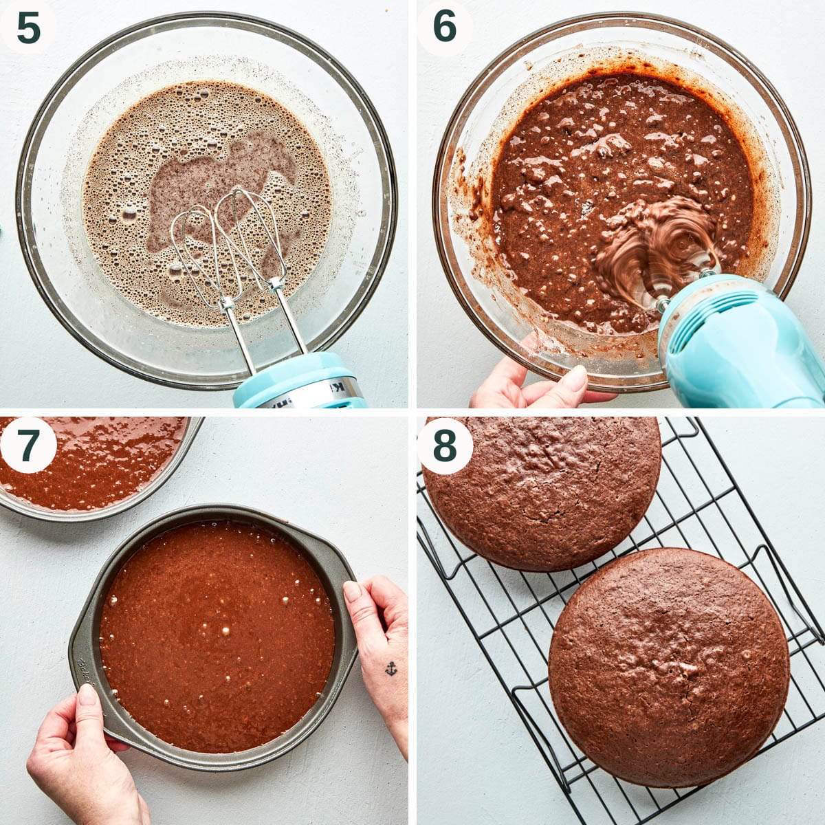 Chocolate cake steps 5 to 8, mixing batter and before and after baking.