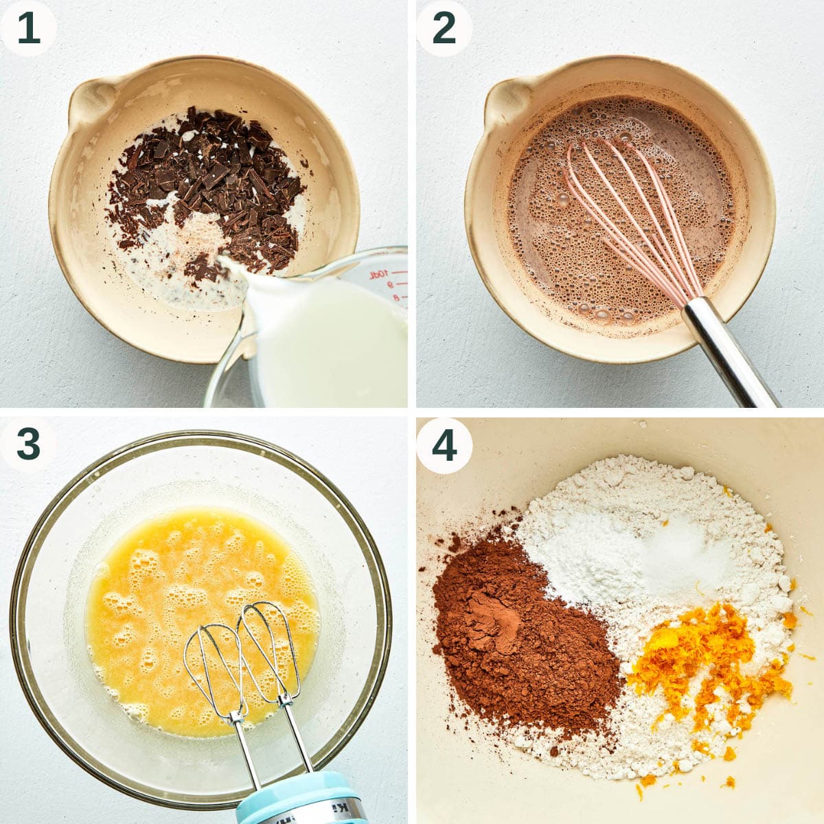 Chocolate cake steps 1 to 4, mixing dry and wet ingredients.