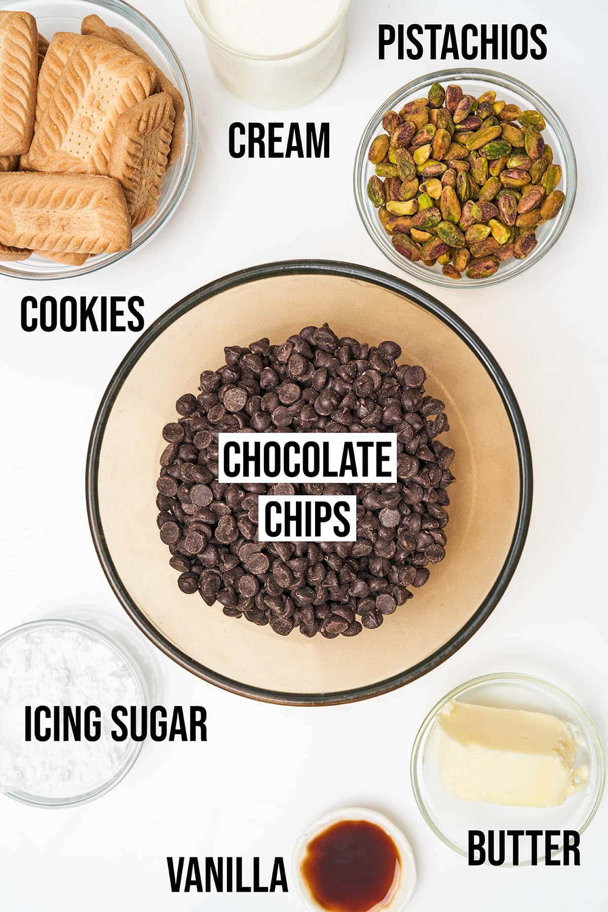 Chocolate salami ingredients with labels.