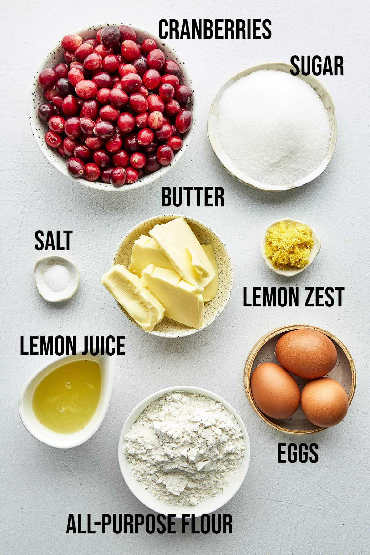 Cranberry lemon bars ingredients with labels.