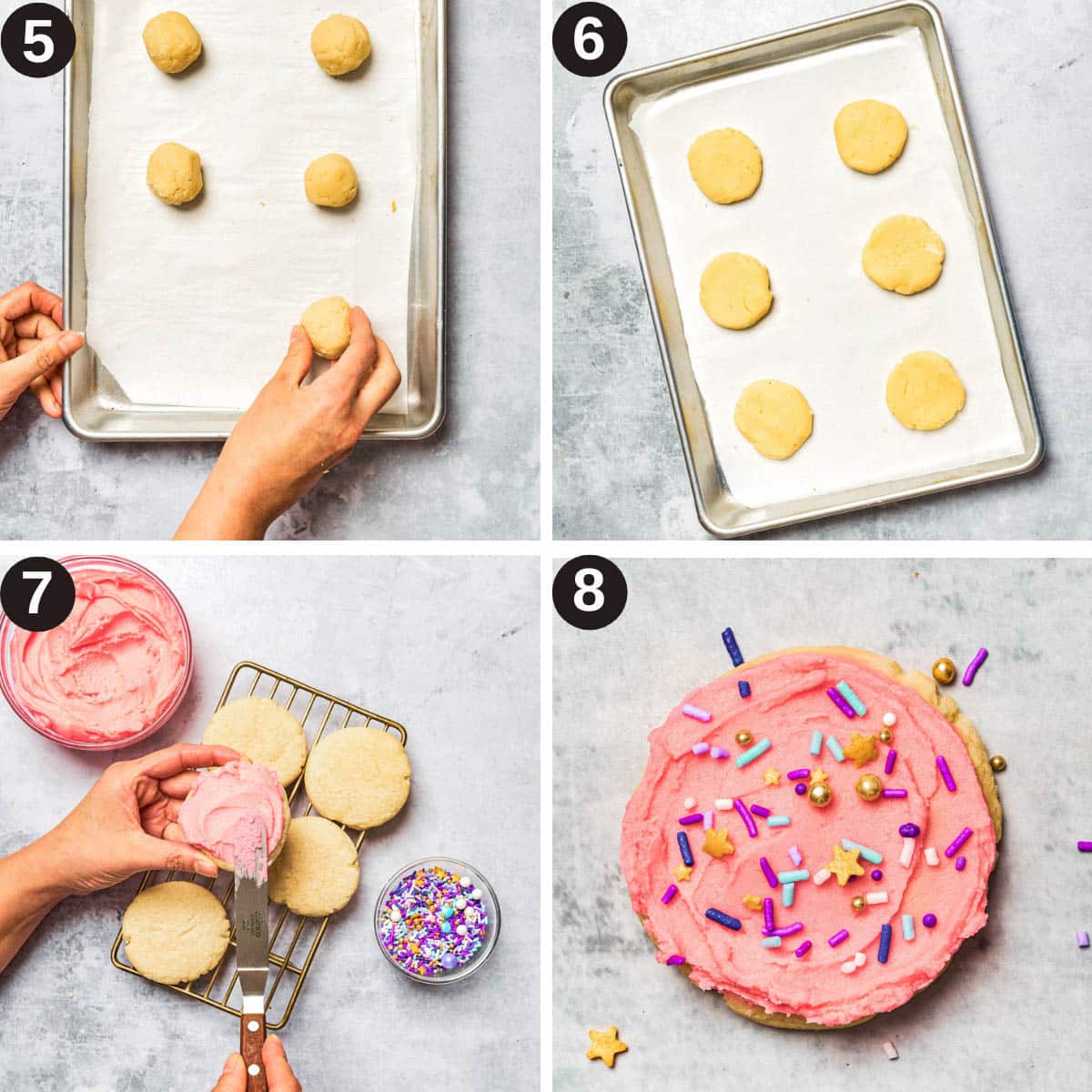 Cookies steps 5 to 8, before and after baking and frosted.