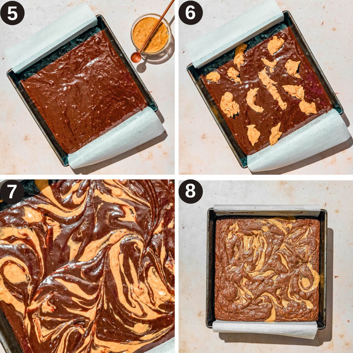 Brownies steps 5 to 8, adding peanut butter to the batter in pan and before baking.