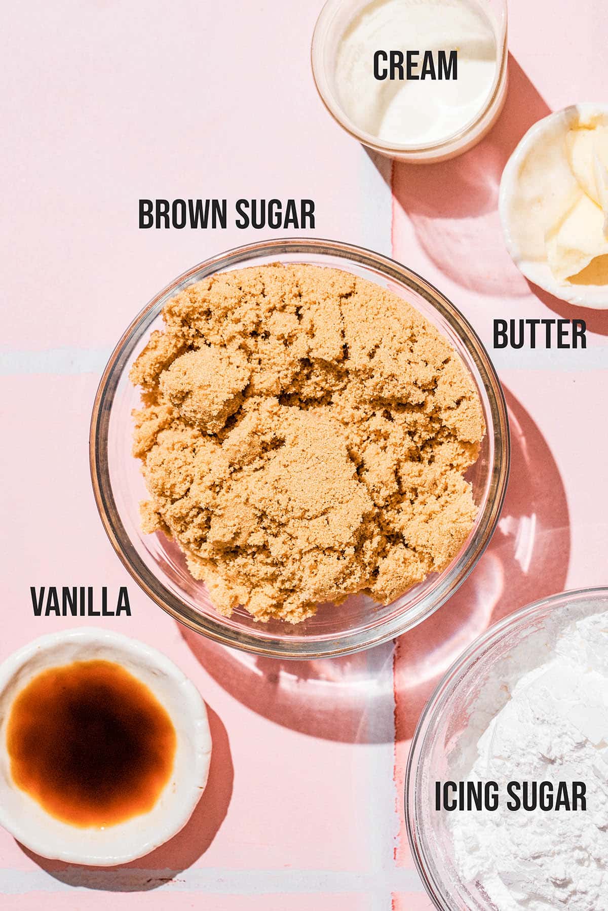 Brown sugar frosting ingredients with labels.