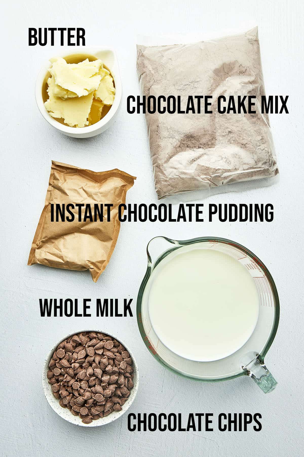 Dump cake ingredients with labels.