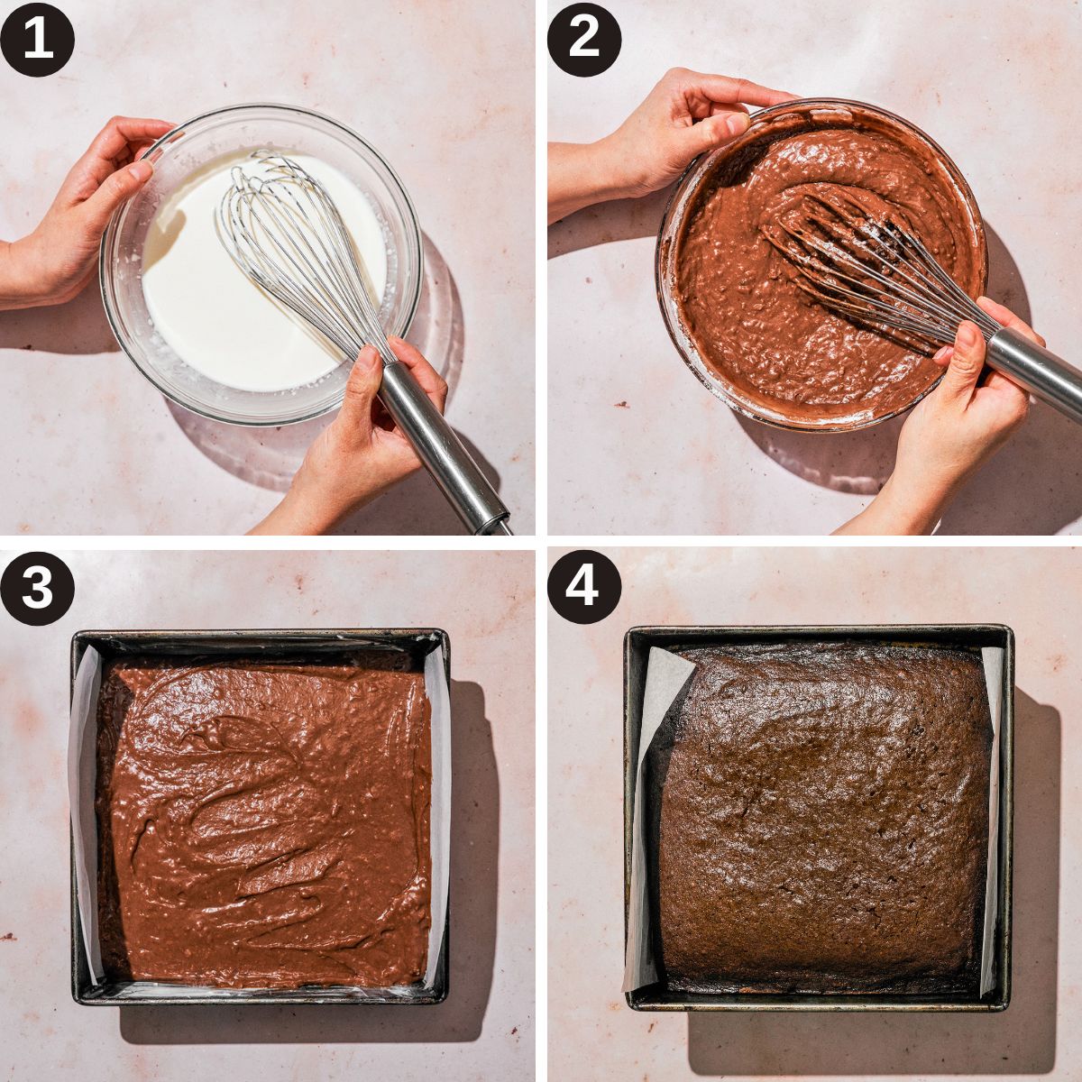 Mayonnaise cake steps 1 to 4, mixing wet ingredients, finished batter, before and after baking.