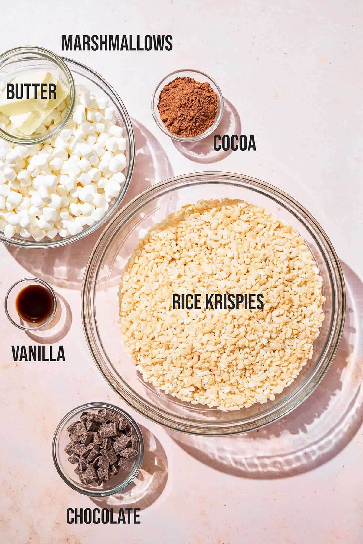 Chocolate rice krispie treats ingredients with labels.