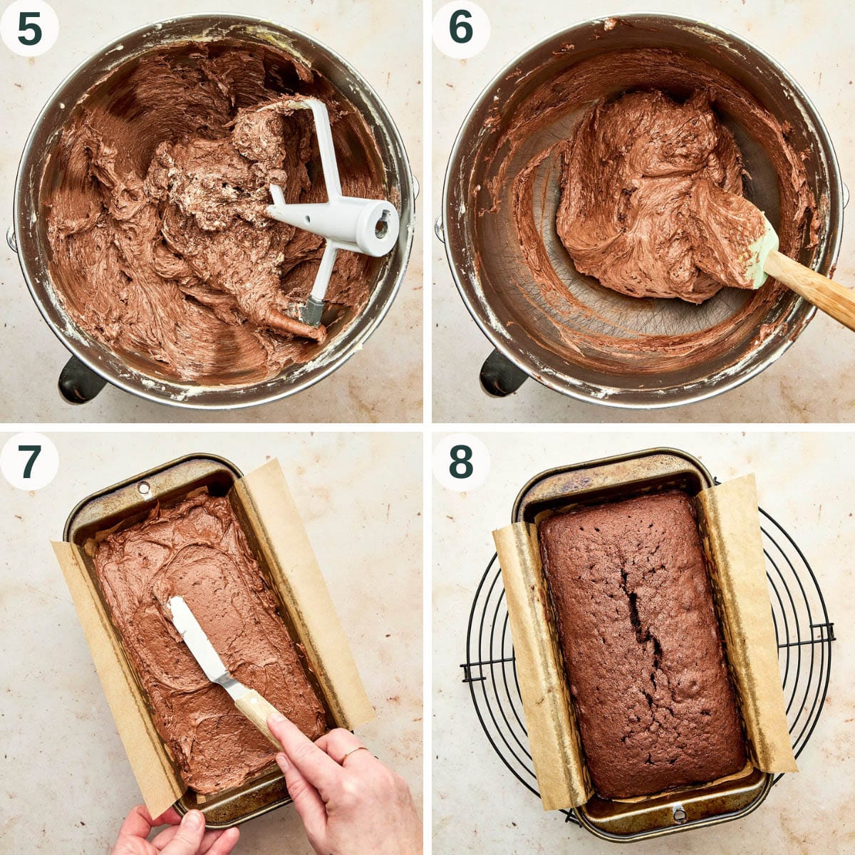 Chocolate cake steps 5 to 8, finished batter and before and after baking.