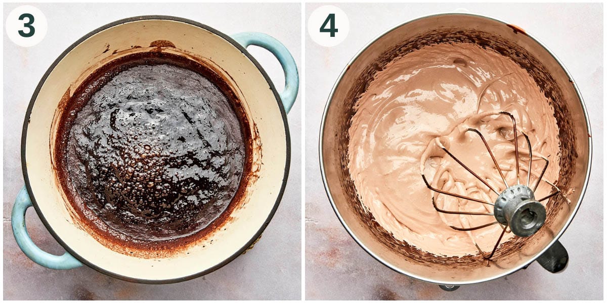 Marshmallows steps 3 and 4, chocolate mixture before and after mixing.