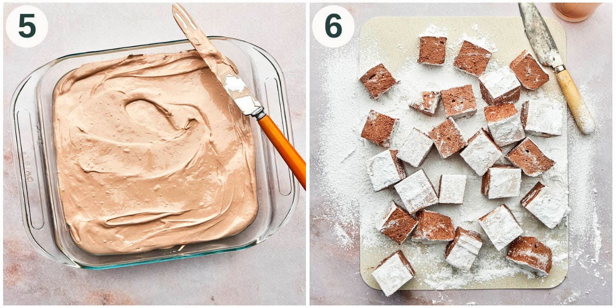Marshmallows steps 5 and 6, set in a dish and after cutting into squares.