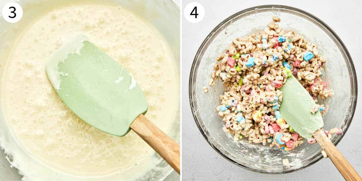 Steps 3 and 4, marshmallows melted and mixed with cereal.