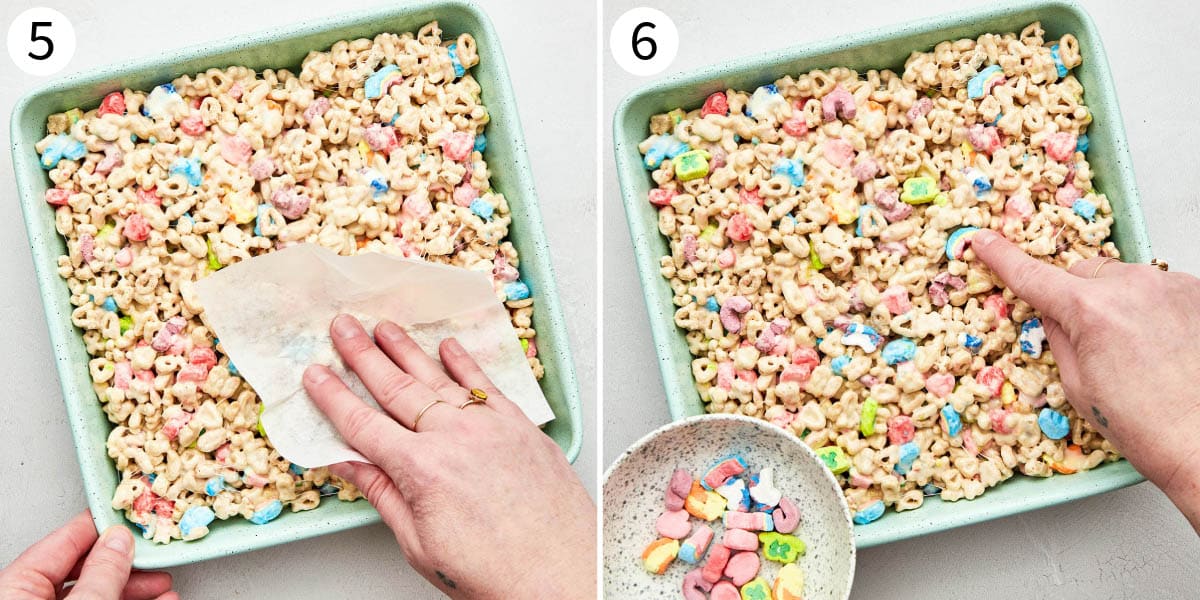 Lucky charms treats steps 5 and 6, pressing into a dish and topping with marshmallows.