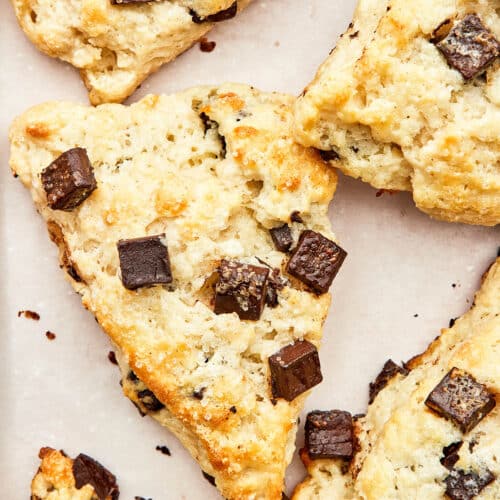 Scones cut in triangles with chocolate chunks.