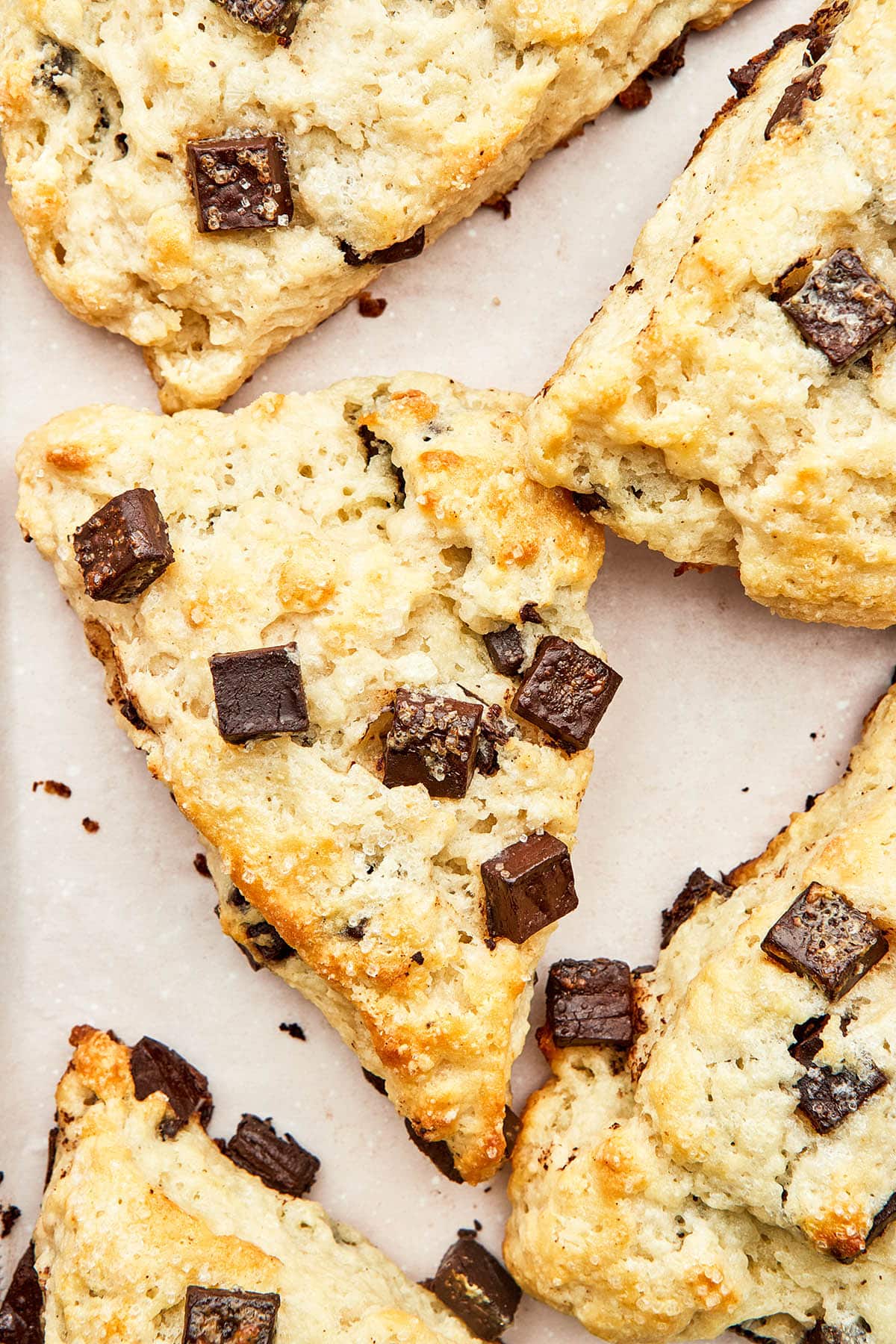 Scones cut in triangles with chocolate chunks.