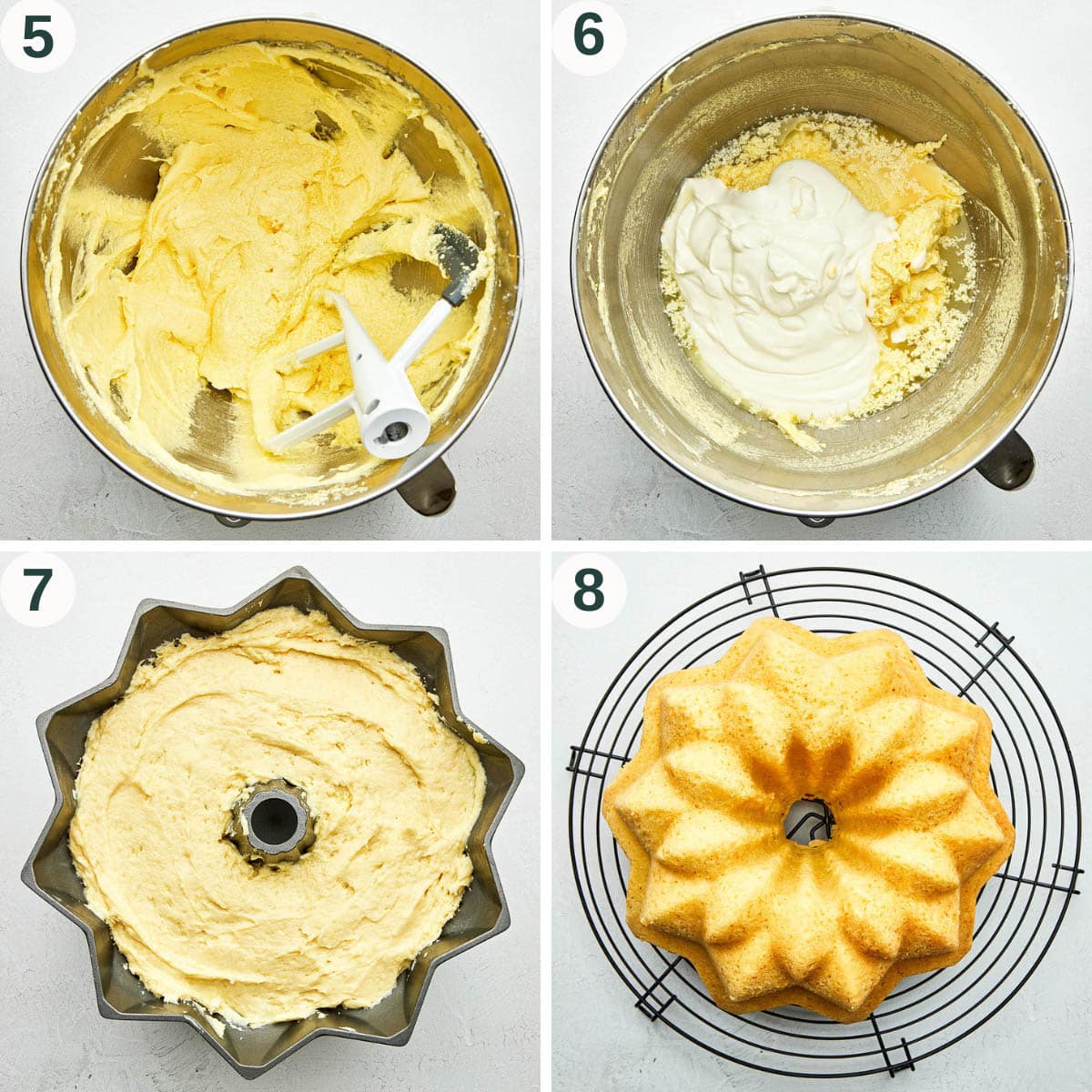 Bundt steps 5 to 8, mixed batter and before and after baking.
